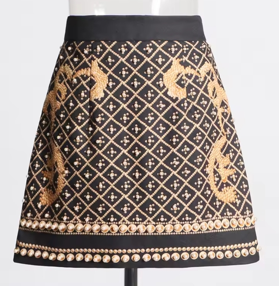 Colorblock Printing Mini Skirt For Women High Waist Patchwork Pearls Elegant - Picture 4 of 7